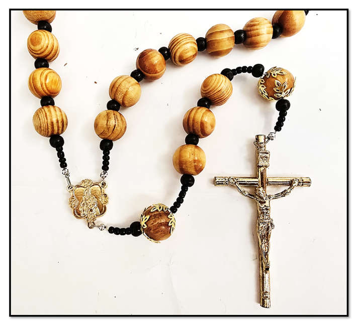 Large Olive Wood (20mm) & Black Bread Wall Rosary - Gold Crucifix