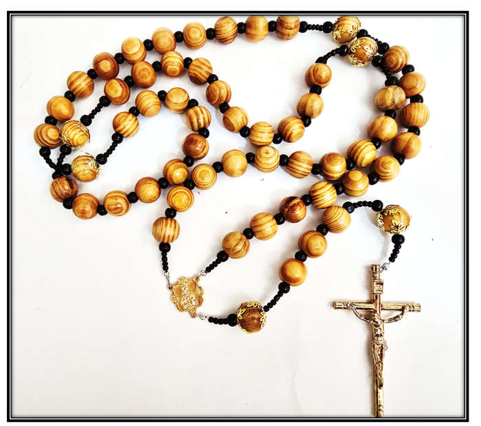 Large Olive Wood (20mm) & Black Bread Wall Rosary - Gold Crucifix