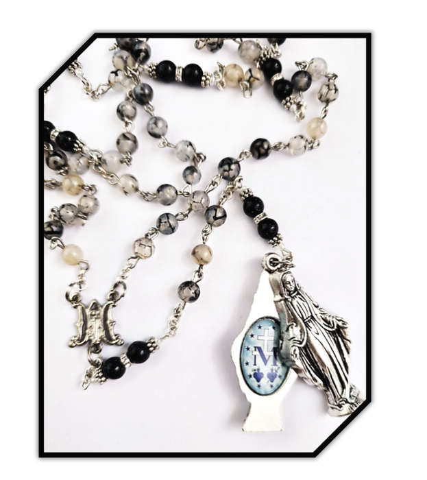 Semi Precious Devils Vein Agate Rosary with Our Lady of the Miraculous Medal - Chain Design - Uni...