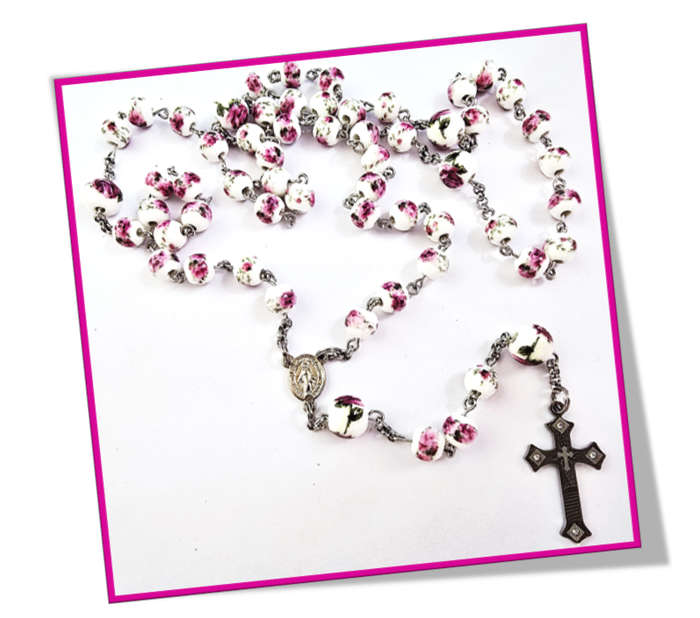 Pink Rose Porcelain Rosary - Stainless Steel - Chain Design - Unique One of a Kind