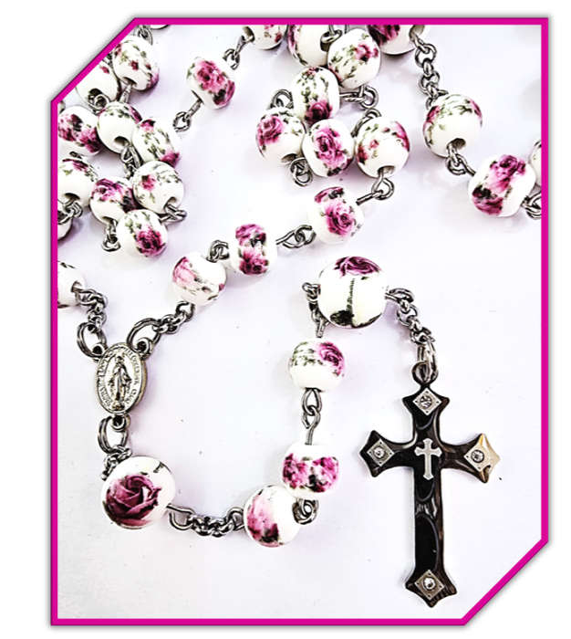 Pink Rose Porcelain Rosary - Stainless Steel - Chain Design - Unique One of a Kind