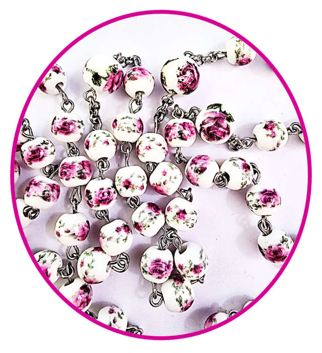 Pink Rose Porcelain Rosary - Stainless Steel - Chain Design - Unique One of a Kind