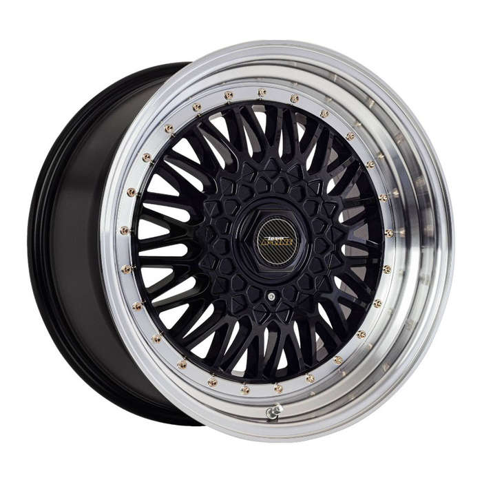 17" A-Line Villain 5/100 &amp; 5/114 Black Machine Lip Alloy Wheels with gold Rivets