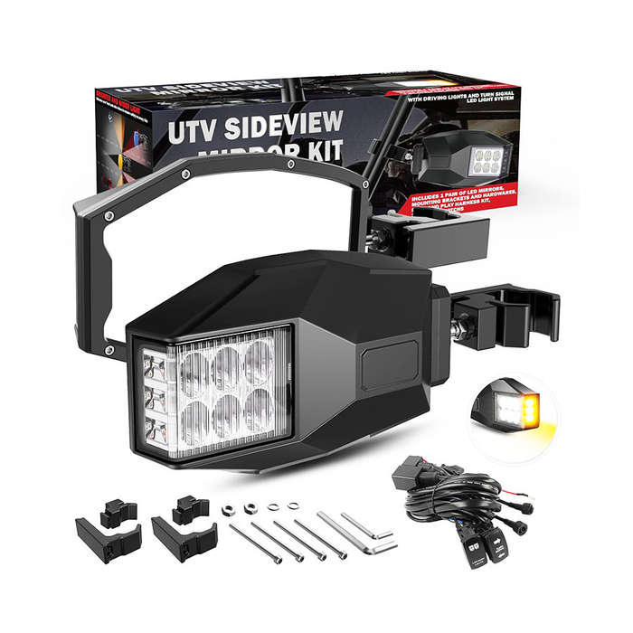 UTV Side View Mirrors Aluminium with White LED Lights Amber Blinker Turn Signal