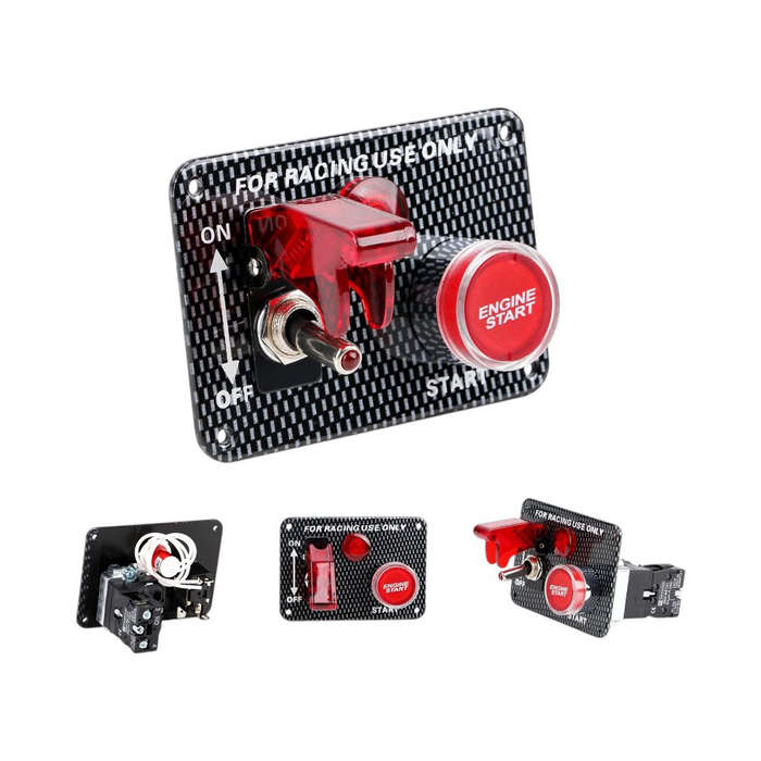 Racing Spec Switch Panel with Single Toggle &amp; Engine Start Button (Carbon Fibre Pattern)