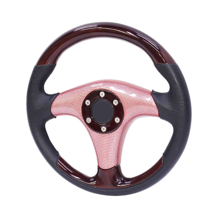 JJ-Racing Steering Wheel - Woodgrain &amp; Black Leather with Red Carbon Fibre Pattern Centre
