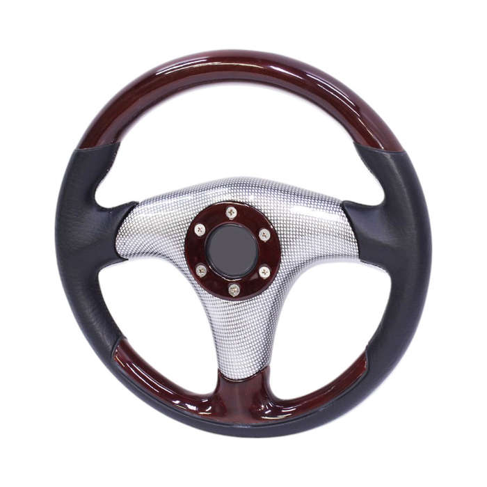 JJ-Racing Steering Wheel - Woodgrain &amp; Black Leather with Silver Carbon Fibre Pattern Centre