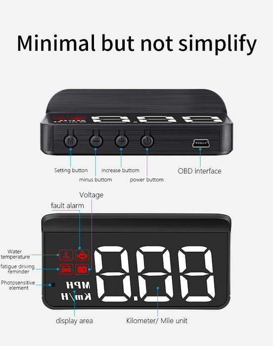 M3 OBD2 Head-Up Display  White Text HUD with Speed, Temp, Voltage, RPM &amp; Fault Alarms