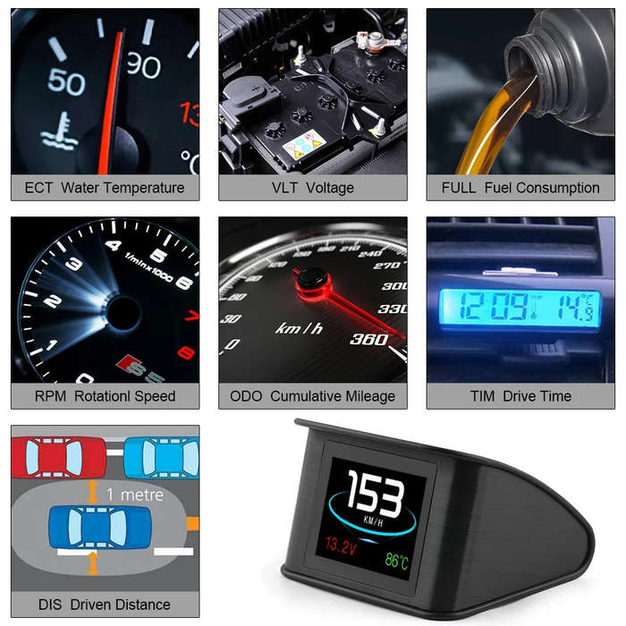 P10 Smart Digital OBD2 Head-Up Display  Color LCD HUD with RPM, Speed, Voltage, Fuel Consumpti...