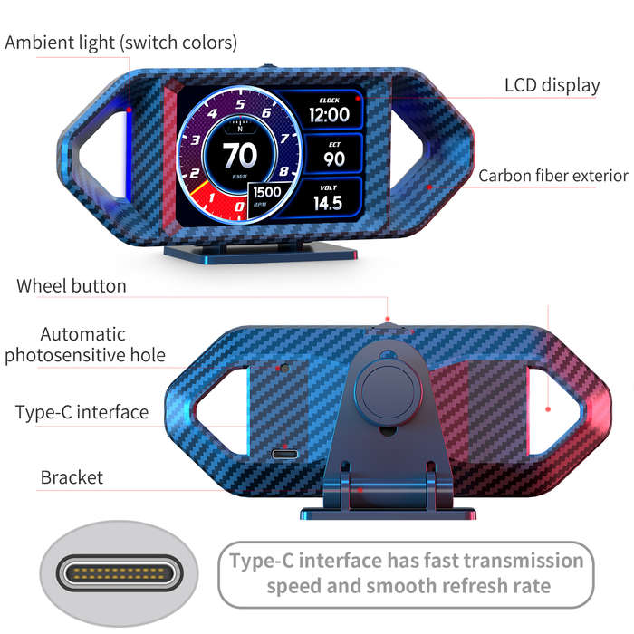 P26 OBD2 Head-Up Display With Carbon Fiber Design  Driving Score, Alarms &amp; Full Vehicle Data