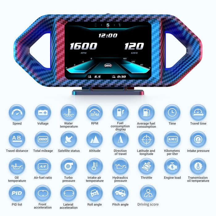 P26 OBD2 Head-Up Display With Carbon Fiber Design  Driving Score, Alarms &amp; Full Vehicle Data