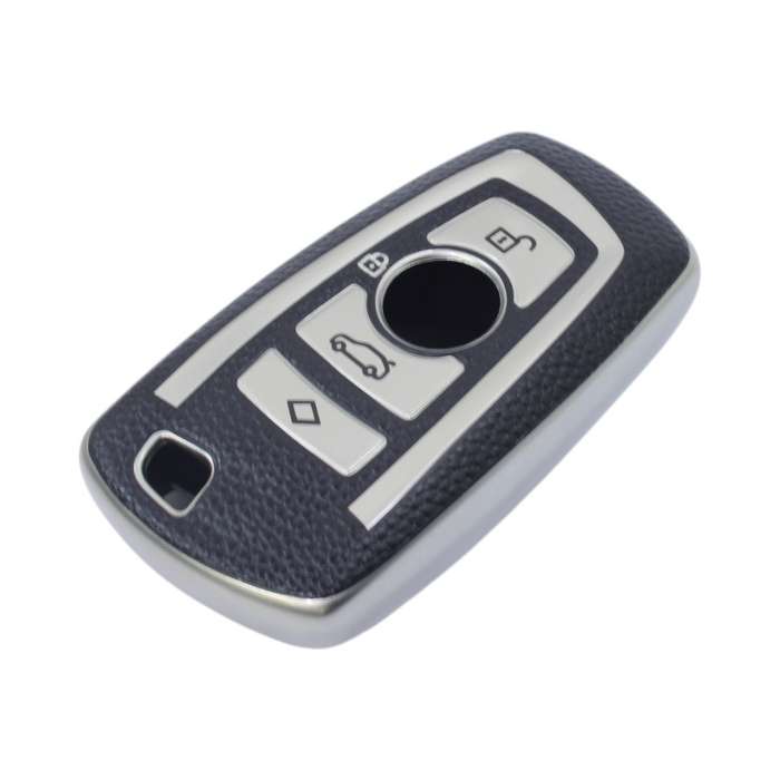 TPU &amp; Leather Finish Key Cover For BMW - Design 1 - Silver (XEA-KCBM1S)
