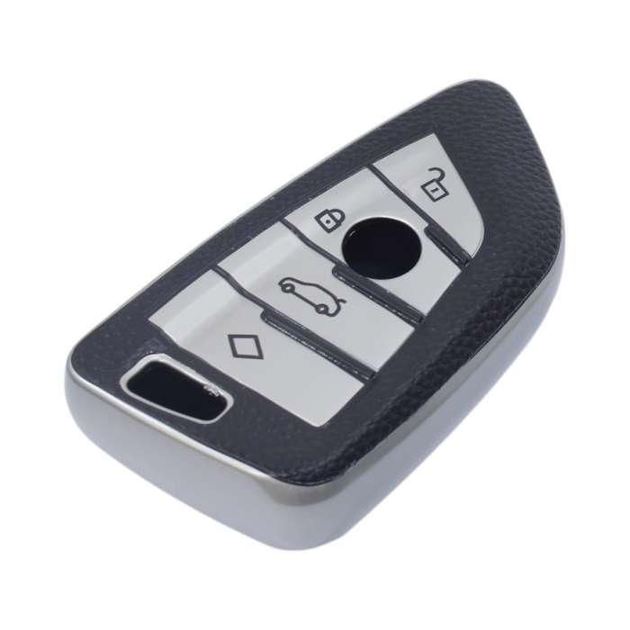 TPU &amp; Leather Finish Key Cover For BMW - Design 2 - Silver (XEA-KCBM2S)