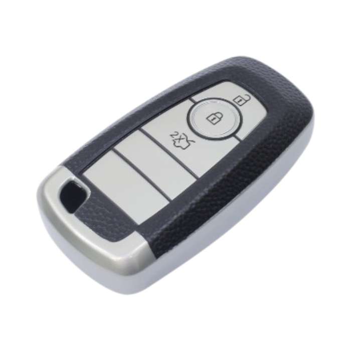 TPU &amp; Leather Finish Key Cover For Ford - Design 3 - Silver (XEA-KCFD3S)