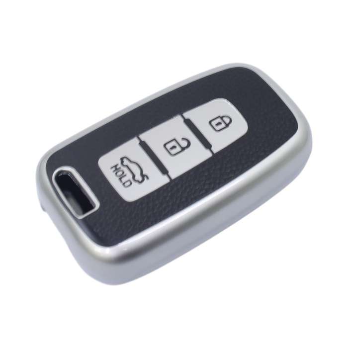 TPU &amp; Leather Finish Key Cover For Hyundai/Kia - Design 2 - Silver (XEA-KCHY2S)