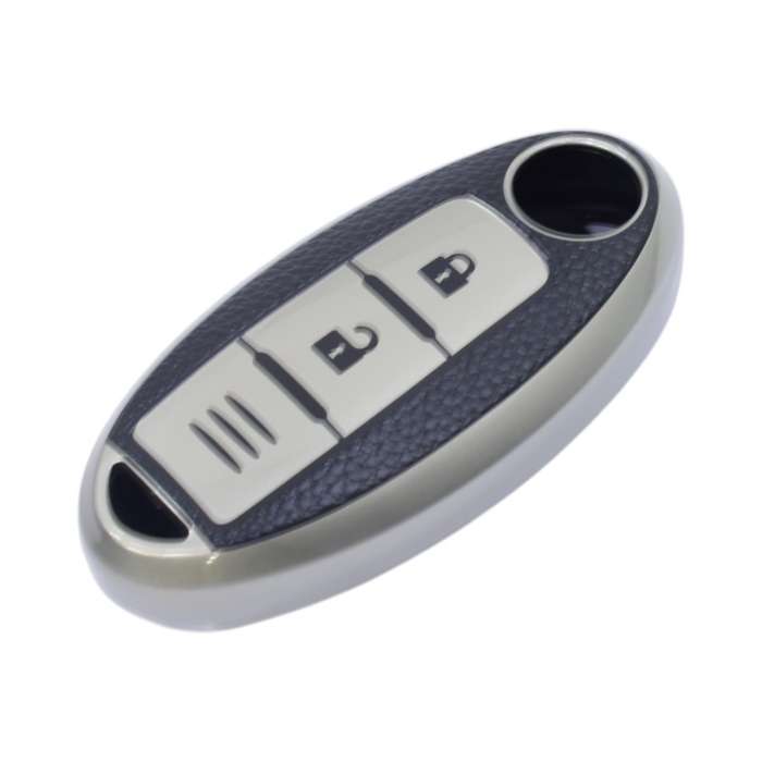 TPU &amp; Leather Finish Key Cover For Nissan - Design 1 - Silver (XEA-KCNS1S)