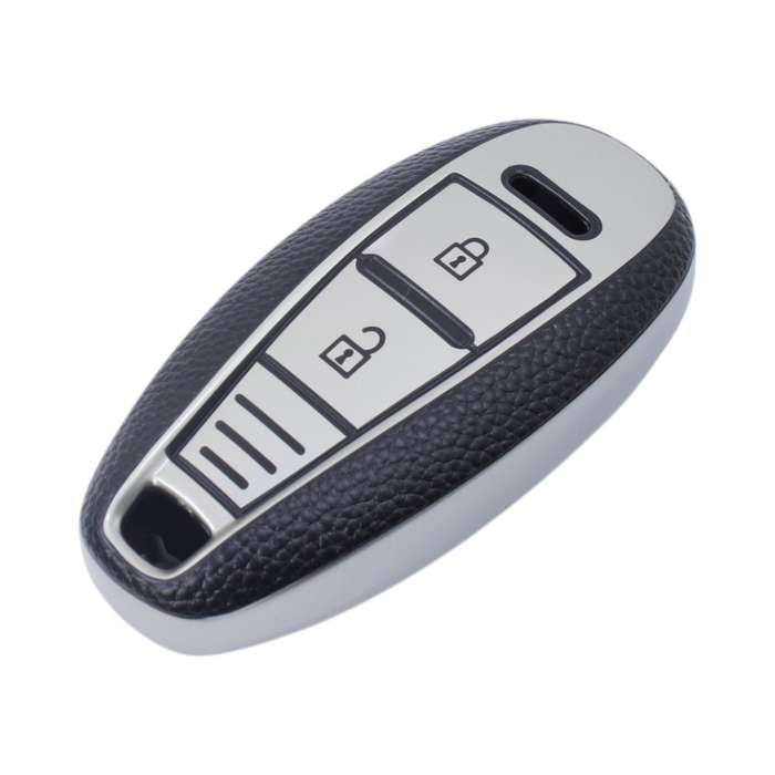 TPU &amp; Leather Finish Key Cover For Suzuki - Design 1 - Silver (XEA-KCSZ1S)