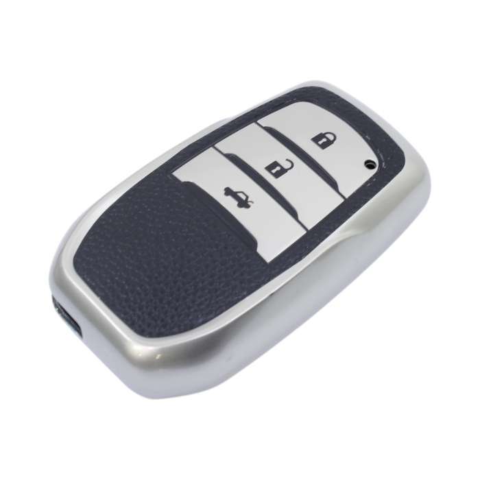 TPU &amp; Leather Finish Key Cover For Toyota - Design 3 - Silver (XEA-KCTY3S)