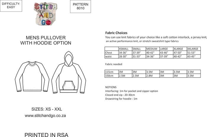 8010 Men's Hoodie / Pullover Pattern (Standard Printed Version) - Standard pattern