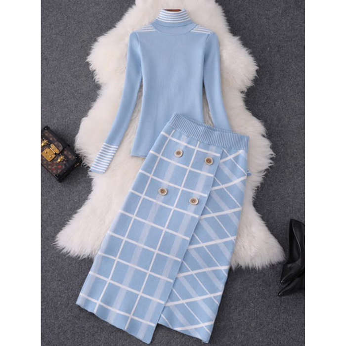 Turtleneck Top and Button Skirt Set