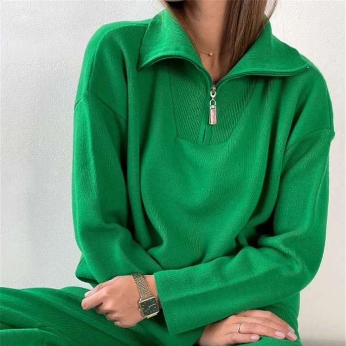 Knitted Zip Neck Top and Pant Set