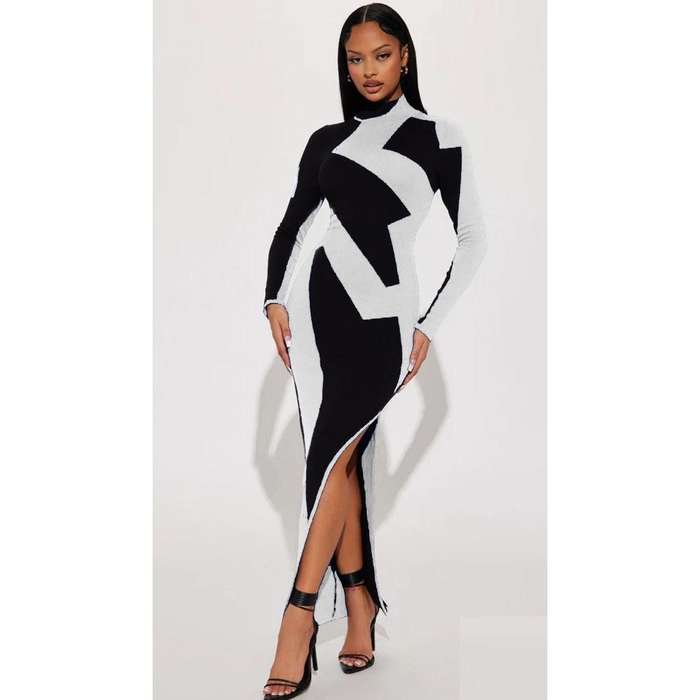 Vintage Slit Long Sleeve Dress
