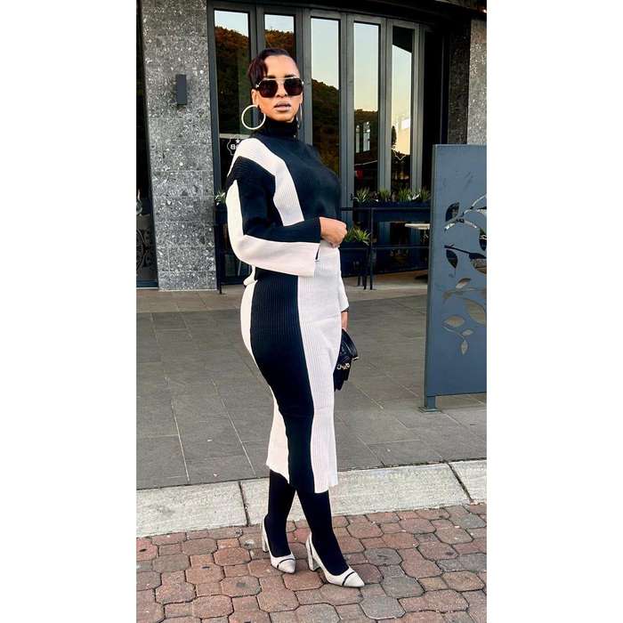 2 Tone Turtleneck Drop Shoulder Sweater & Knit Midi Skirt