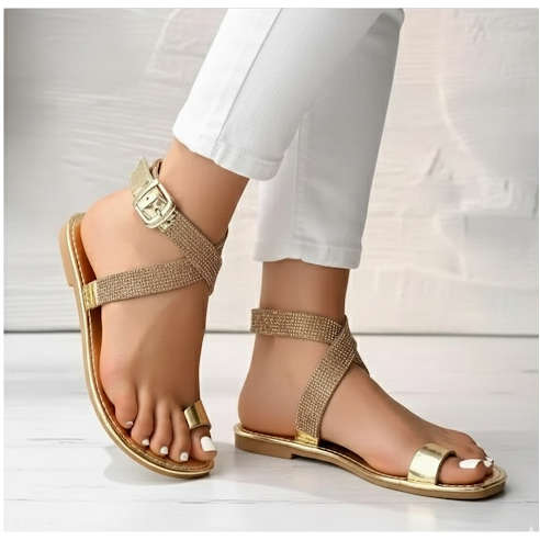 Open Toe Set Toe Round Head Non-slip Buckle Comfortable Flat Women's Shoes