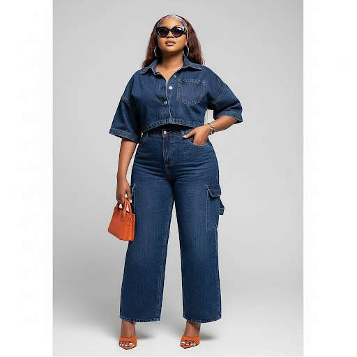 Side Pocket Cargo Jean and Plus Size Short Sleeve Pullover Denim Set