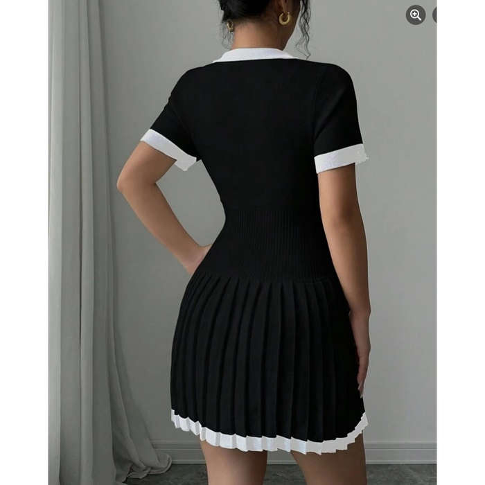 Drop V-Neck Casual Pleated Sweater Mini Dress