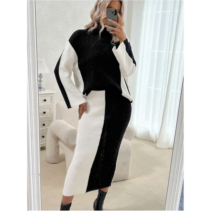 2 Tone Turtleneck Drop Shoulder Sweater & Knit Midi Skirt