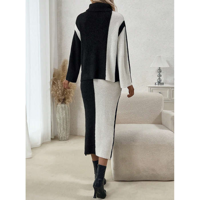 2 Tone Turtleneck Drop Shoulder Sweater & Knit Midi Skirt