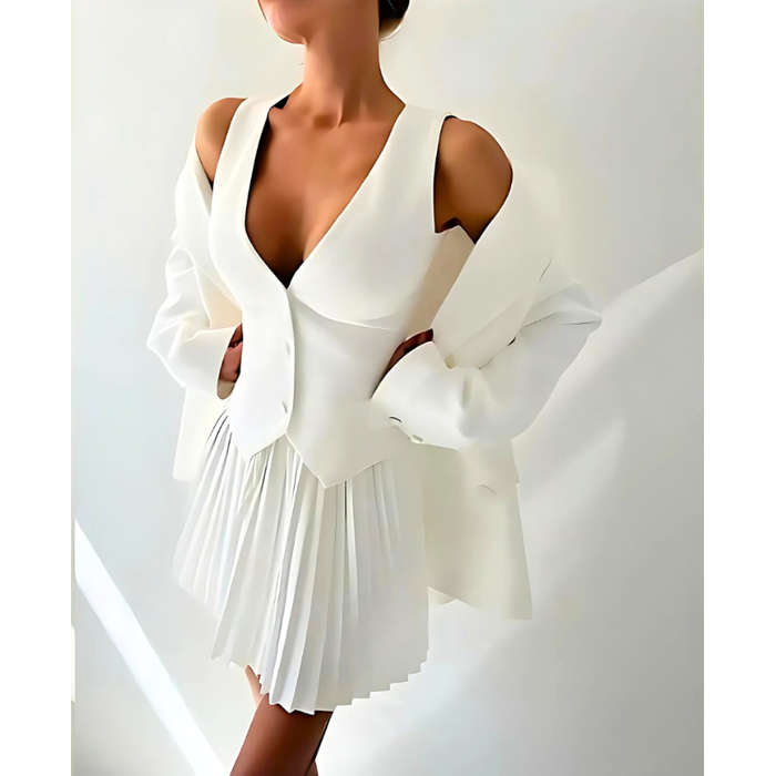 Crop Vest, Long Sleeve Blazer And Pleated Mini Skirt 2 Pieces Set