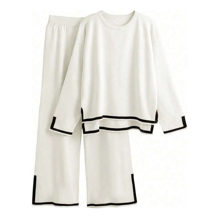 Knitted Sweater Tracksuits Split Up Pullover Top & Wide Leg Pants Set