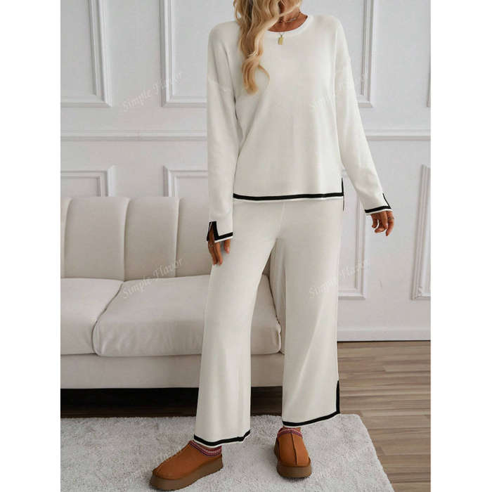 Knitted Sweater Tracksuits Split Up Pullover Top & Wide Leg Pants Set