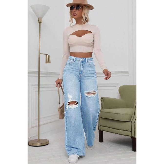 Wide Leg High Waist Distress Jeans