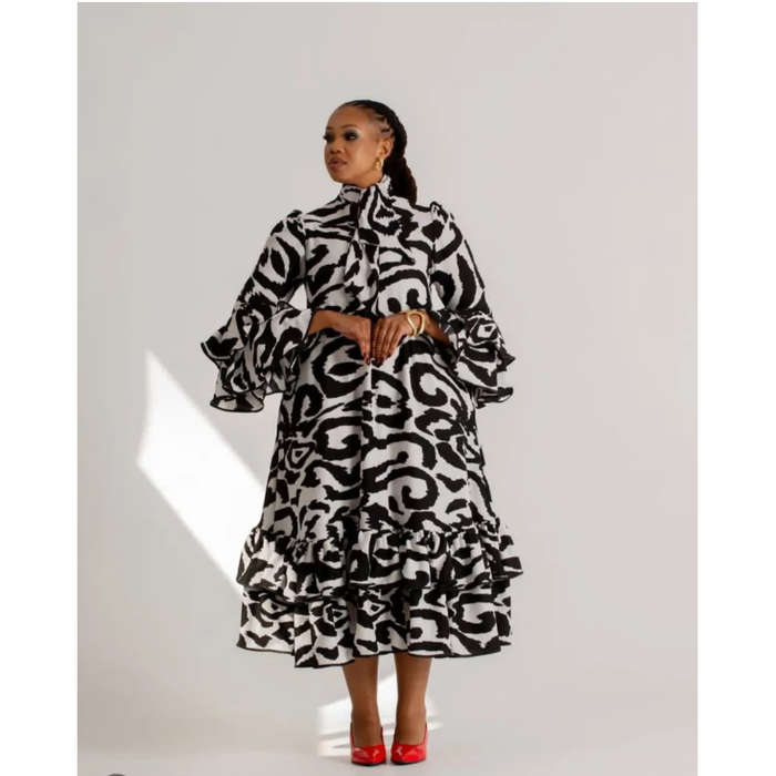 Ruffle Twisted Elegant Hem High-neck Design Dress.
