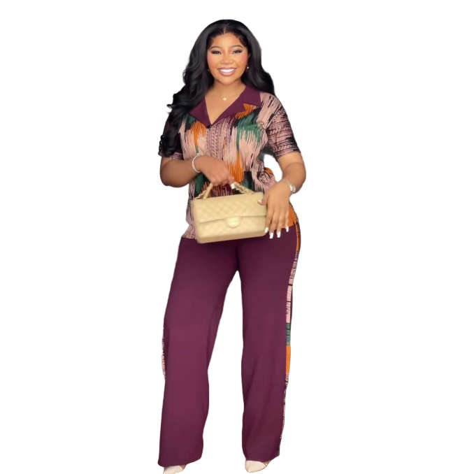 Down-Collar Short Sleeve Top & Matching Long Pants Set