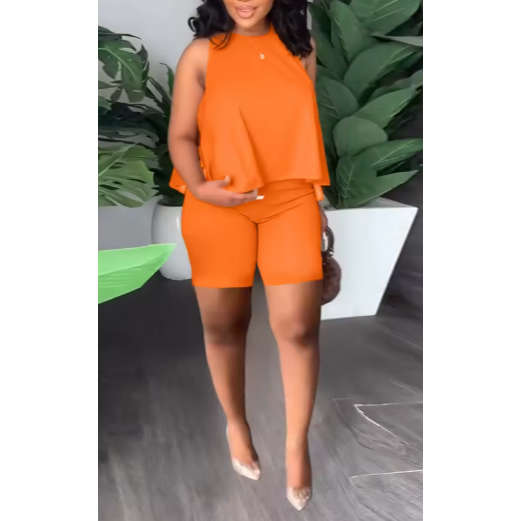 Plain Color Ruffle Edge Sleeveless Two Set Swimsuit for Women Shorts and Top Set