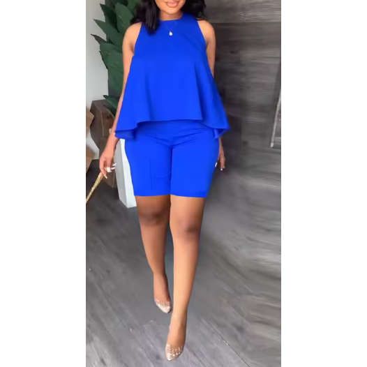 Plain Color Ruffle Edge Sleeveless Two Set Swimsuit for Women Shorts and Top Set