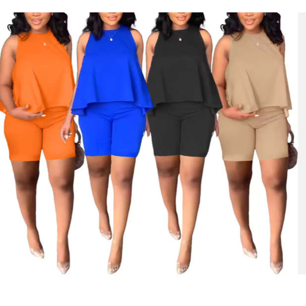 Plain Color Ruffle Edge Sleeveless Two Set Swimsuit for Women Shorts and Top Set