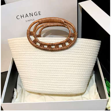 Large Capacity Woven Rattan Handle Handwoven Shoulder Handbag