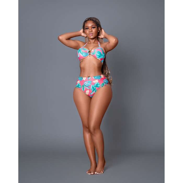 High Waist Contrast Color Floral Polyester Swimsuits Set.