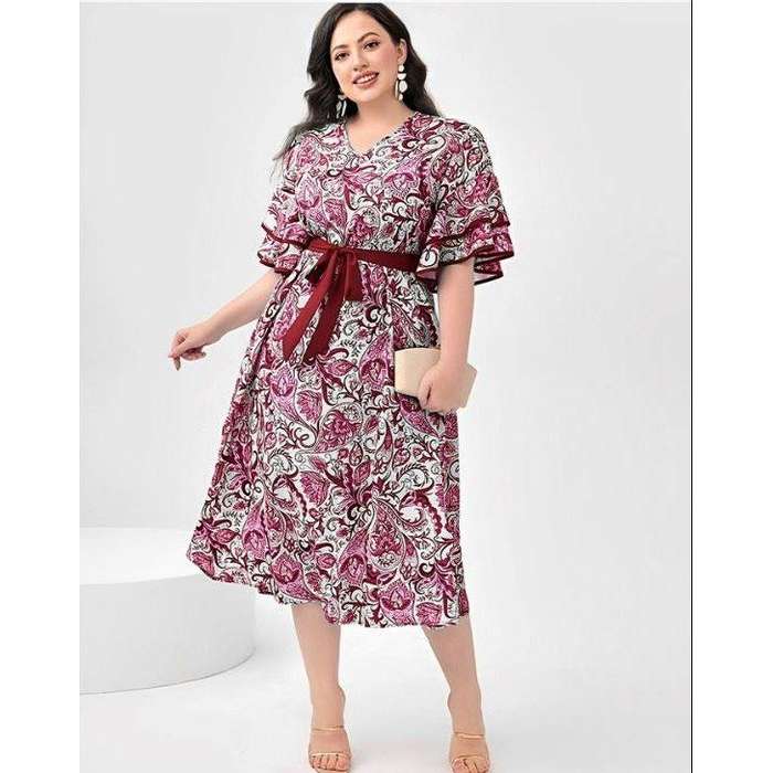 Plus Geo Print Butterfly Sleeve Multi-color Dress