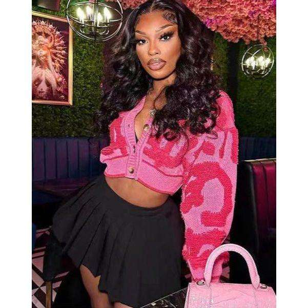 Graffiti Print Long Sleeve Button Down Knit Sweater Tops