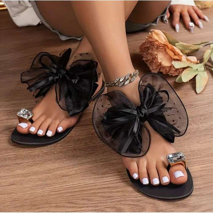 Bow Knot And Jewel-Encrusted Thumb Buckle Flat Slipper
