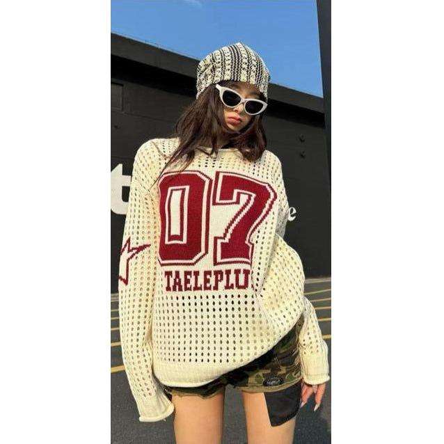 V-Neck Numbers Print Pullover Sweater