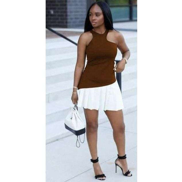 Sleeveless Pleated Mini Dress.