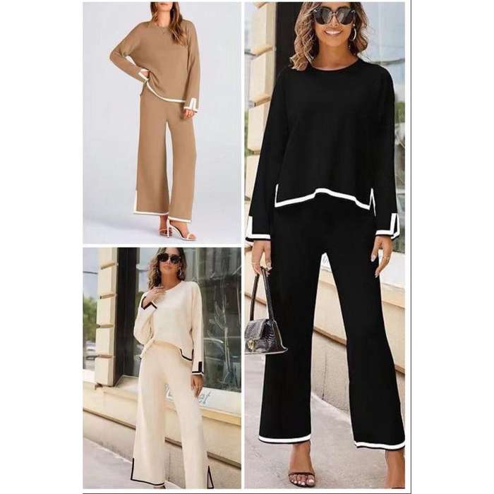 2 Piece Outfits Long Sleeve Knit Sweater Top Wide Leg Pants