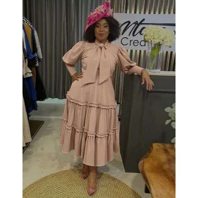 Ribbon Design Round Neck Puff Shoulder Pleat Midi Dress